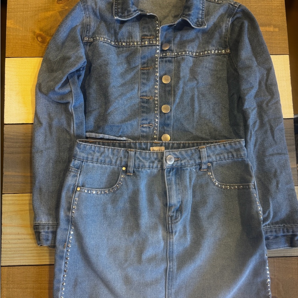 Denim Jacket and Skirt Set with Stud Accents
